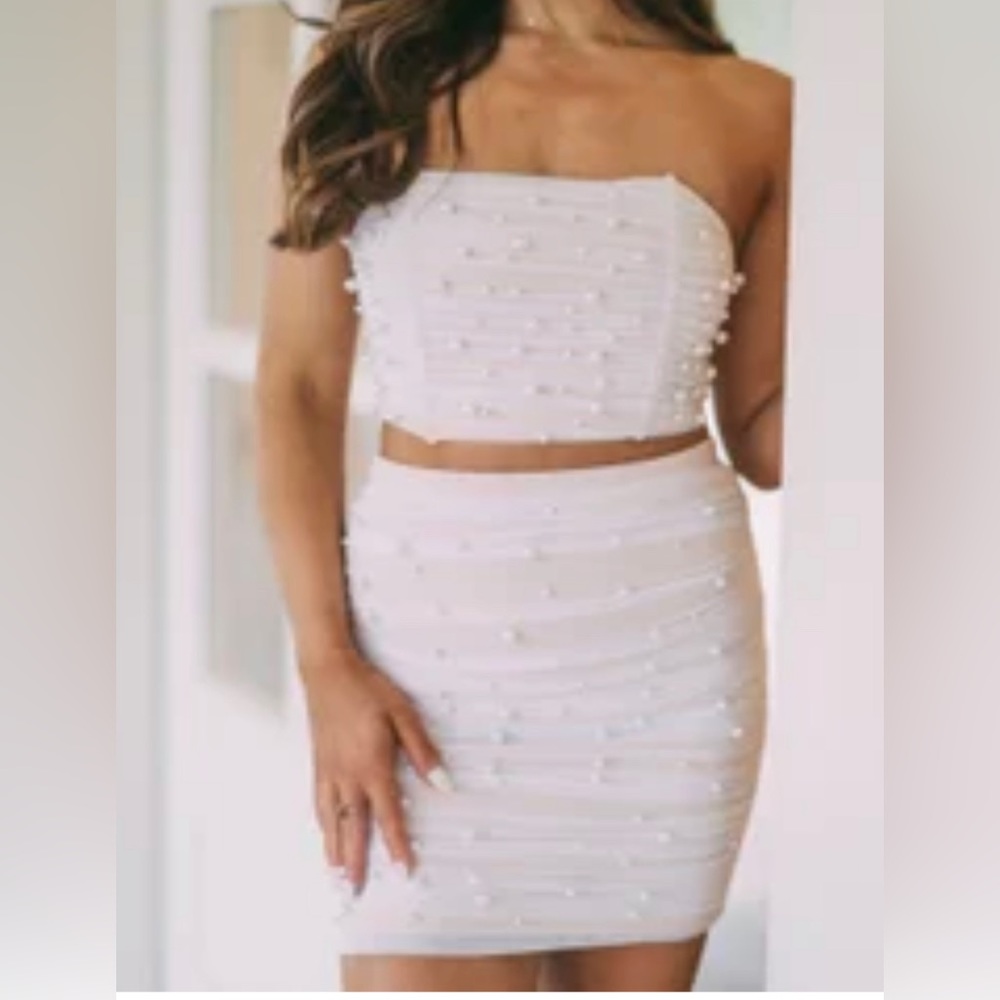 Brand new pearl studded top and skirt set from these three boutique
